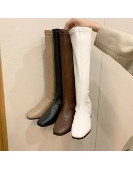  Women Black Block High Heel Long Boots Autumn Winter Warm Knee High Boots Soft Leather Thigh High Boots Shoes Zipper